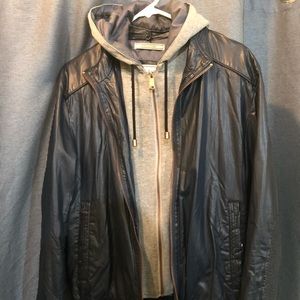 Zara Man Faux Leather Navy Blue Hooded Jacket